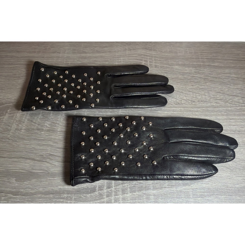 Express Women's S/M Black 100% Genuine Leather Studded Gloves Silver Costume